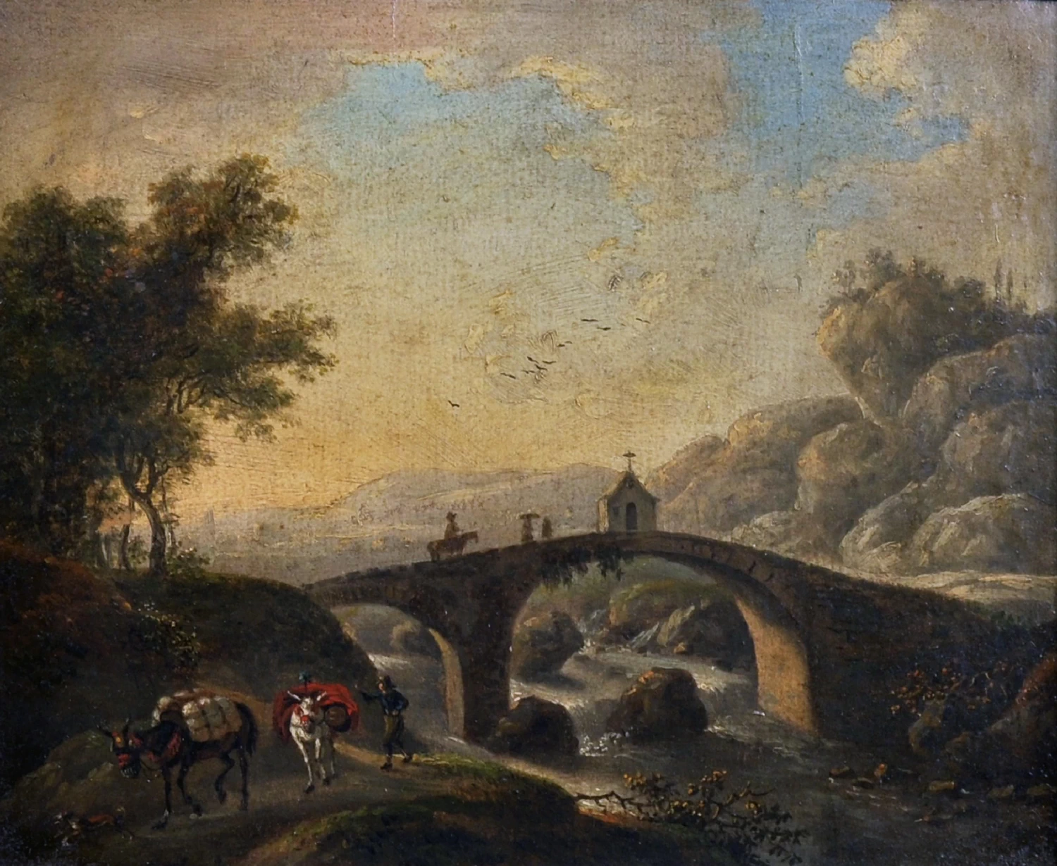 Johann Christian Vollerdt - Un paesaggio classico, con un ponte in pietra, una figura con asini e un cane
